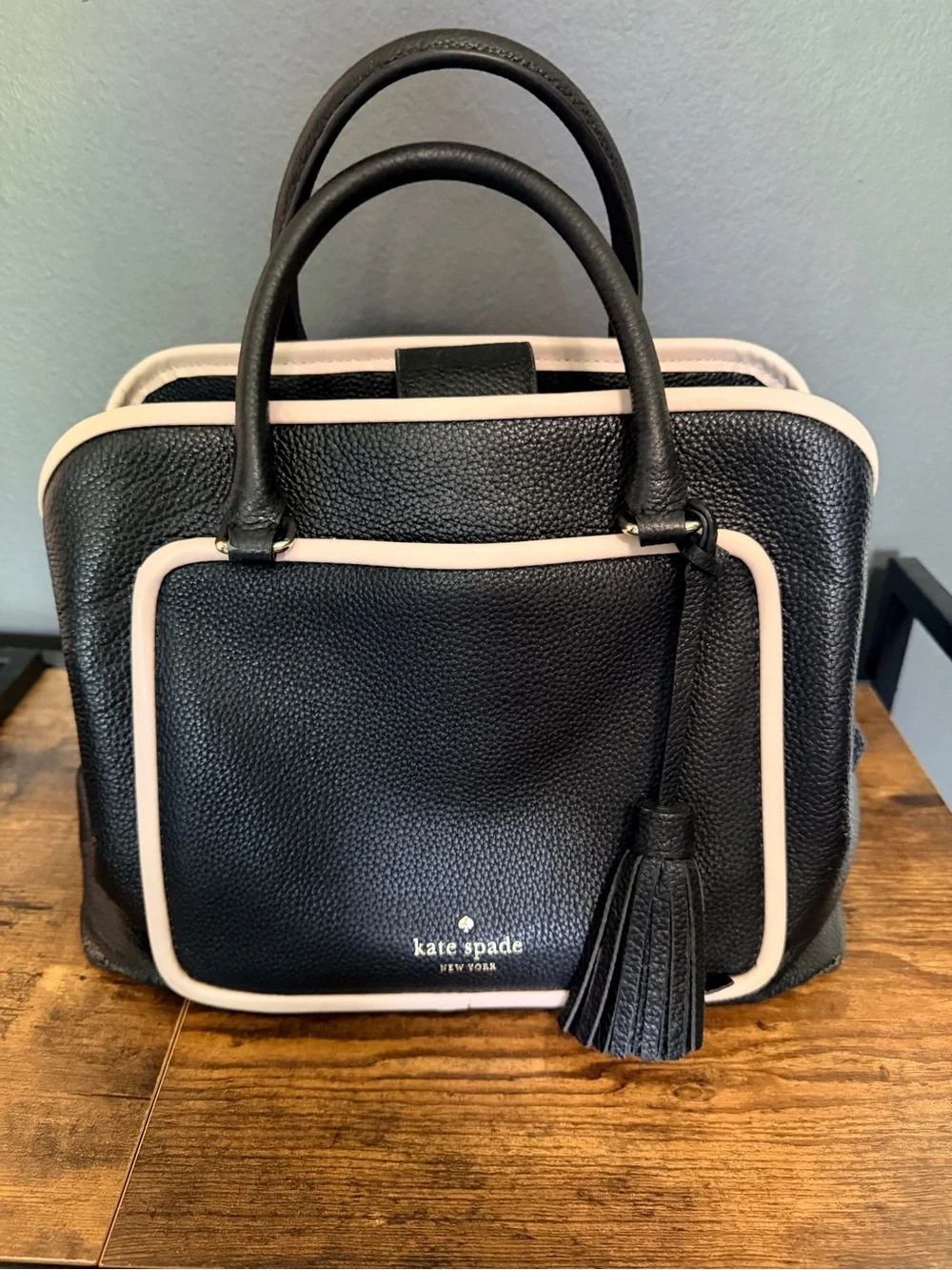 kate spade Black Pebbled Leather Satchel with Cream Piping